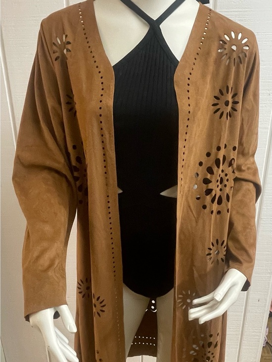 Forgotten Grace Jackets & Blazers - Brown Faux Suede Laser-Cut Long Open Front Coat